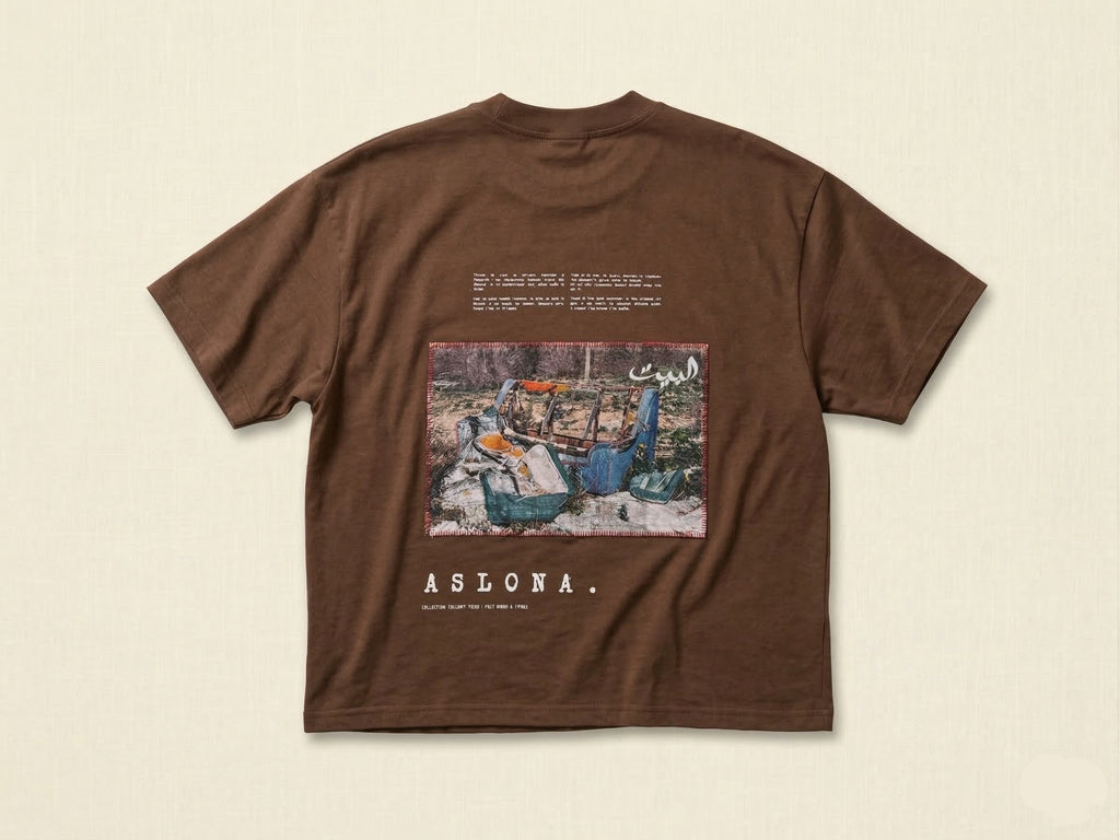 Brown oversize cotton t-shirt with katagami embroidered photography 