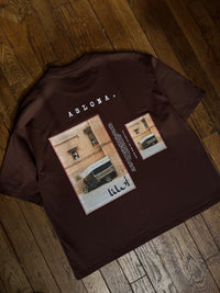 Brown oversize cotton tshirt with embrodied photography of marrackech medina 