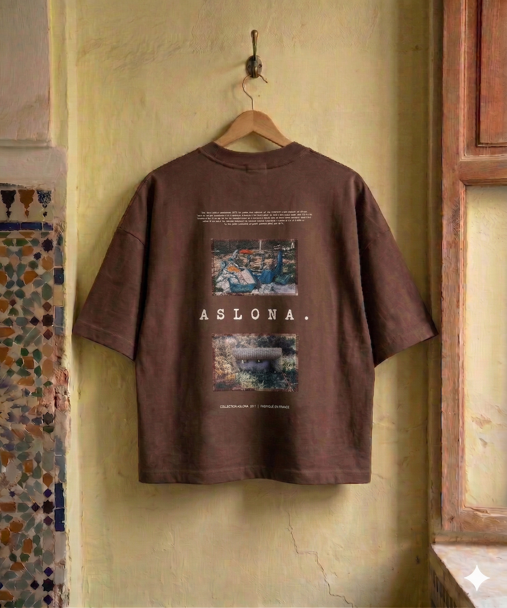 Brown oversize cotton t-shirt with katagami embroidered photography 