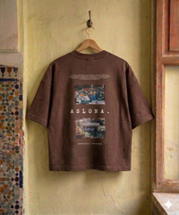 Brown oversize cotton t-shirt with katagami embroidered photography 