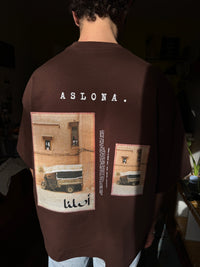 Brown oversize cotton tshirt with embrodied photography of marrackech medina 