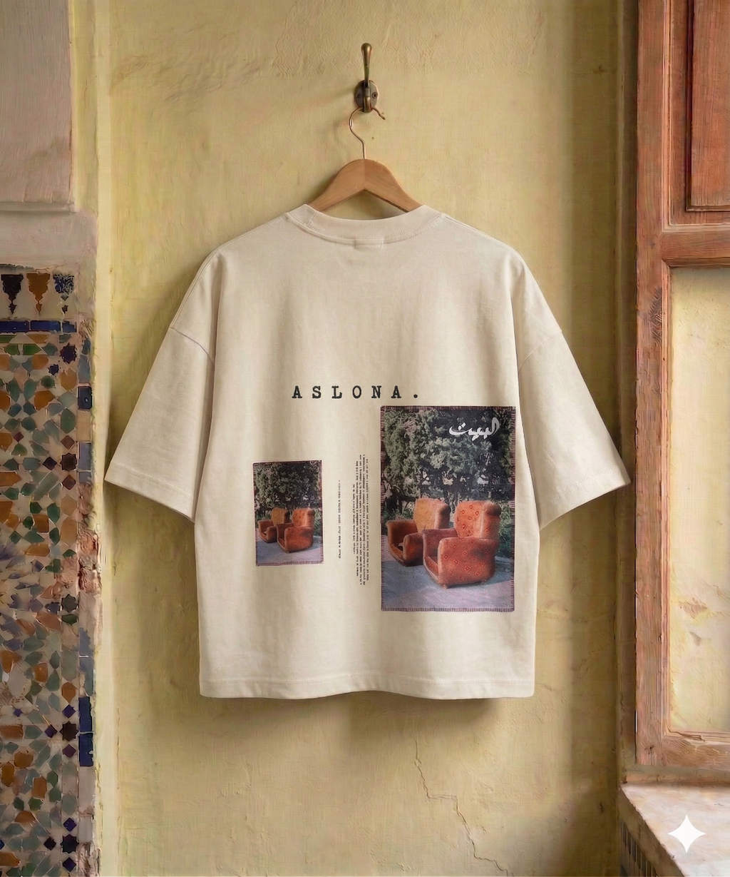 Beige oversize cotton t-shirt with katagami embroidered photography 