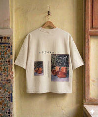 Beige oversize cotton t-shirt with katagami embroidered photography 