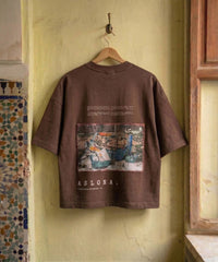 Brown oversize cotton t-shirt with katagami embroidered photography 