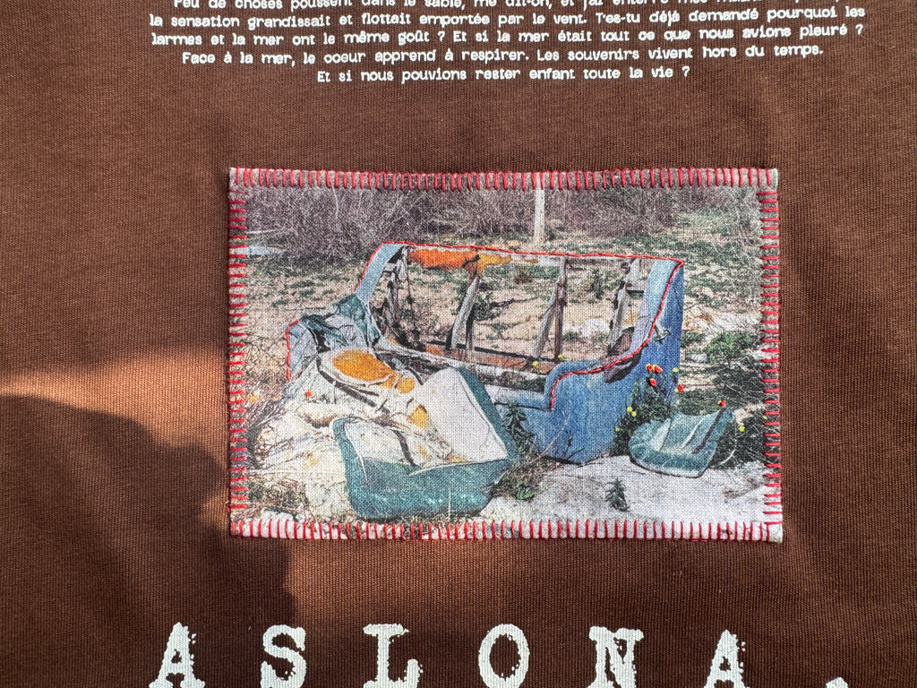 Brown oversize cotton t-shirt with katagami embroidered photography of elderly woman