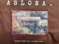 Brown oversize cotton t-shirt with katagami embroidered photography of elderly woman