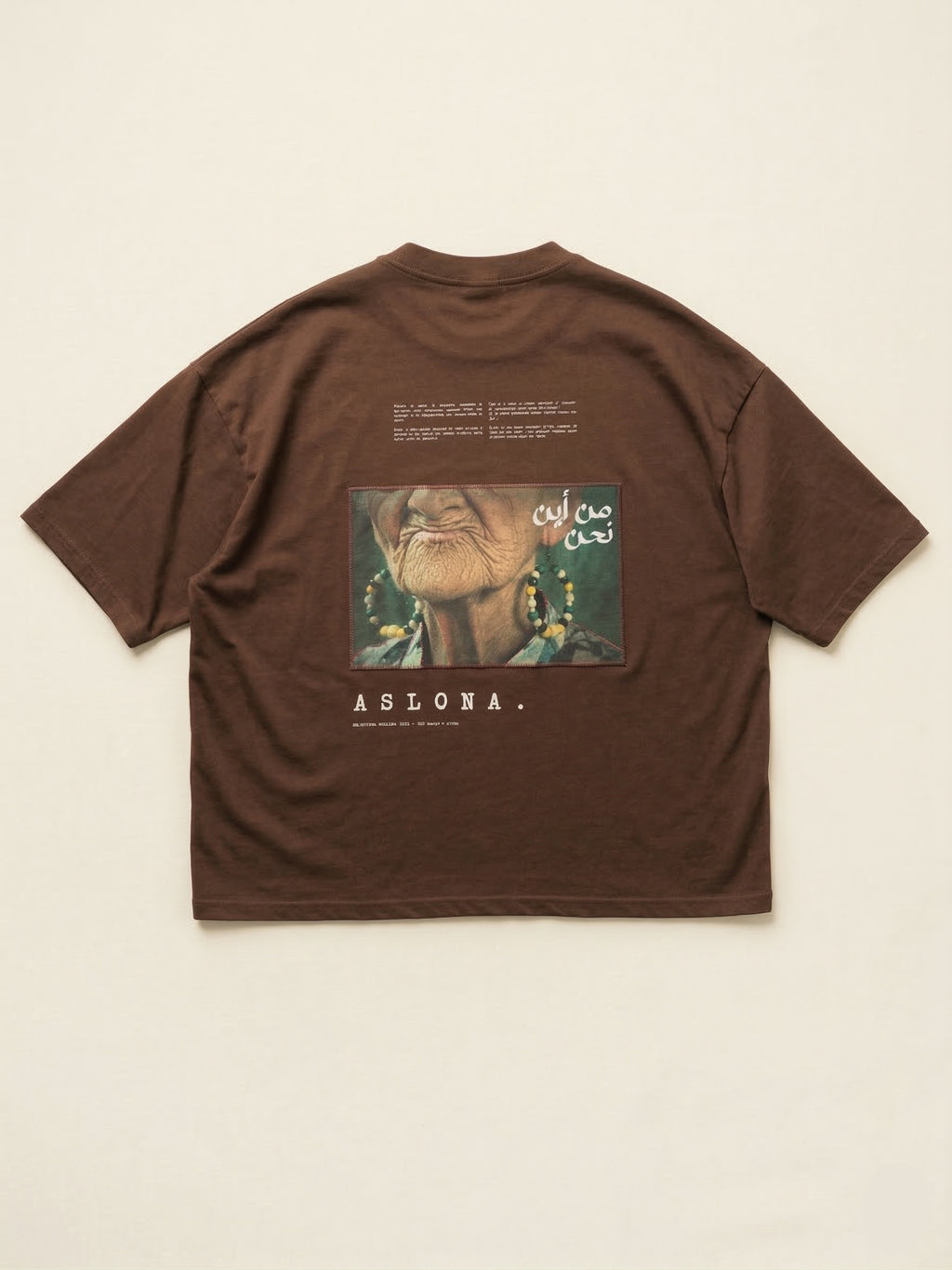 Brown oversize cotton t-shirt with katagami embroidered photography of elderly woman