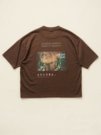 Brown oversize cotton t-shirt with katagami embroidered photography of elderly woman