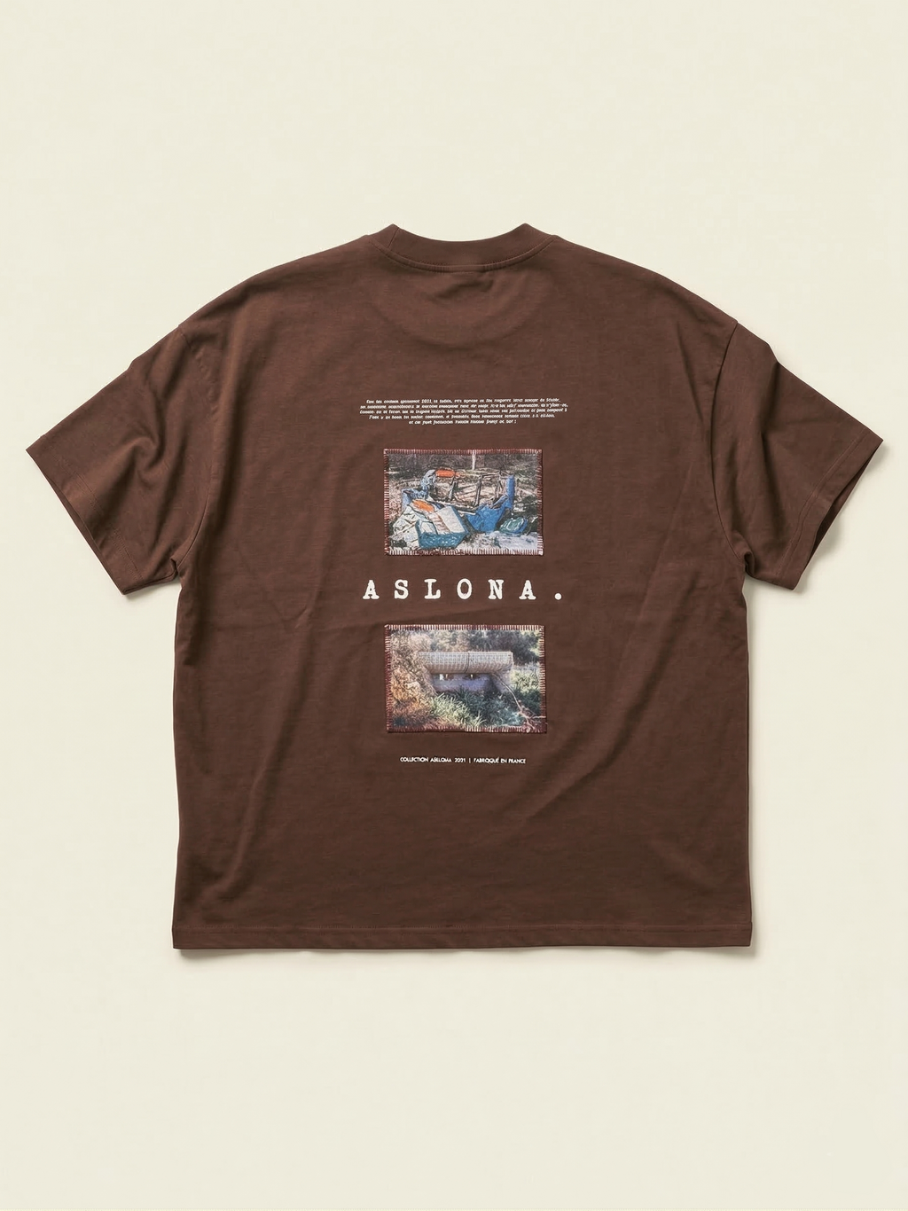 Brown oversize cotton t-shirt with katagami embroidered photography of elderly woman