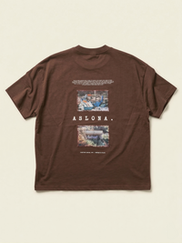 Brown oversize cotton t-shirt with katagami embroidered photography of elderly woman