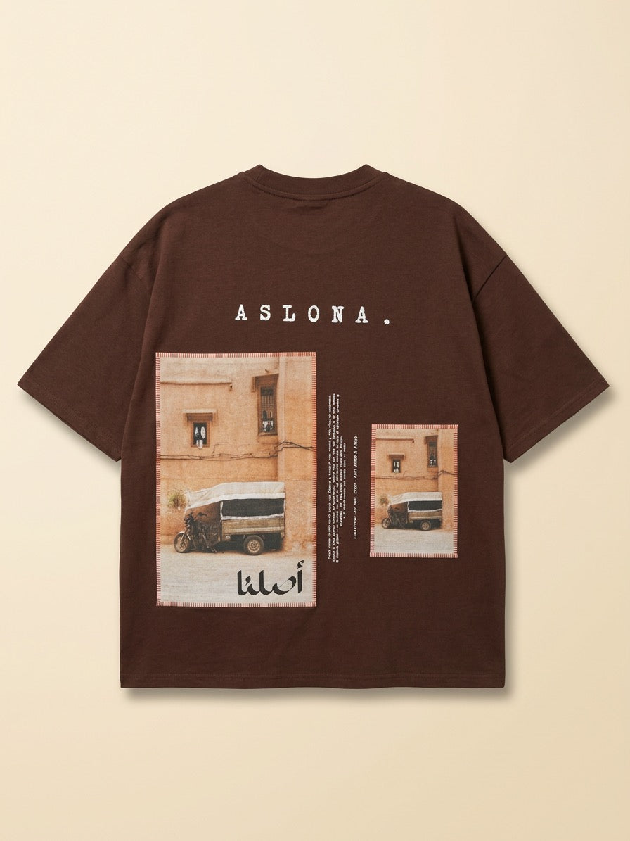 Brown oversize cotton tshirt with embrodied photography of marrackech medina 