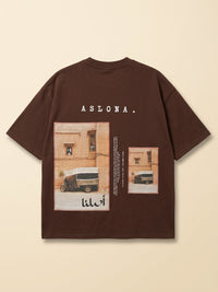 Brown oversize cotton tshirt with embrodied photography of marrackech medina 