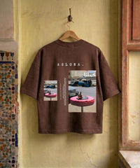 Brown oversize cotton t-shirt with katagami embroidered photography of moroccan berad