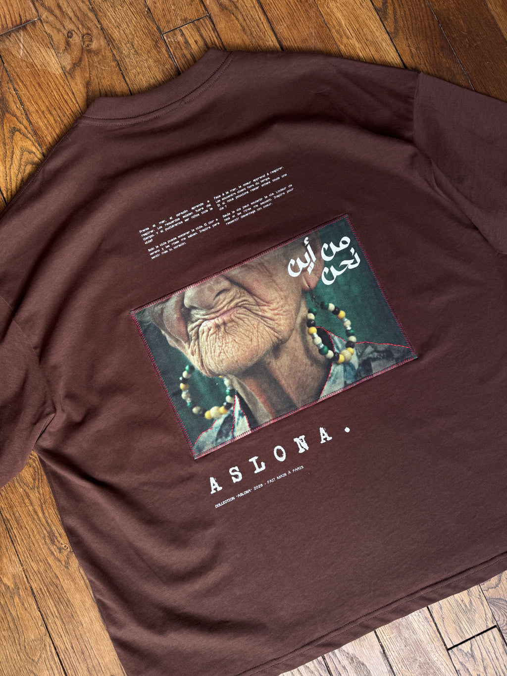 Brown oversize cotton t-shirt with katagami embroidered photography of elderly woman