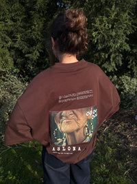 Brown oversize cotton t-shirt with katagami embroidered photography of elderly woman