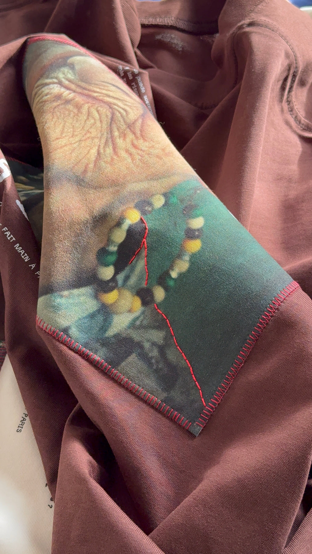 Brown oversize cotton t-shirt with katagami embroidered photography of elderly woman
